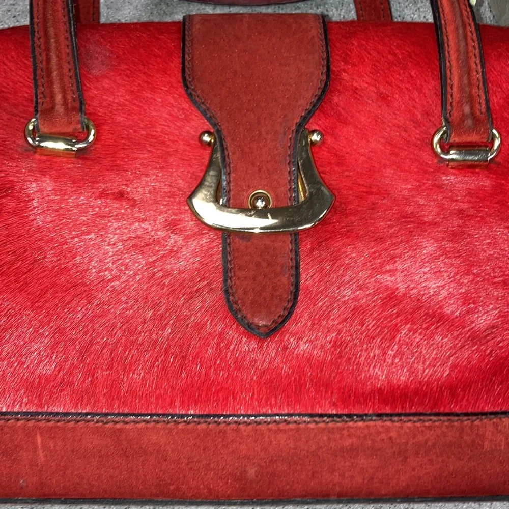 RARE KORET Lg DOCTORS SATCHEL/train case- red calf hair, leather & gold hardware